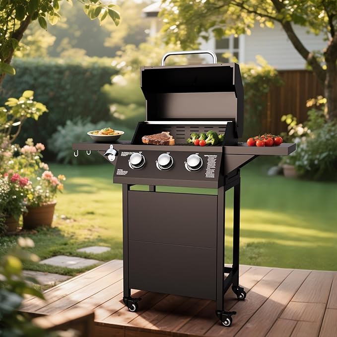 3-Burner Propane Gas Grill 30000 BTU Outdoor BBQ Gas Grill with 2 Side Tables Stainless Steel Grating Grill Built-in Thermometer&ampWheels Easy Assembly for Patio Backyard BBQ