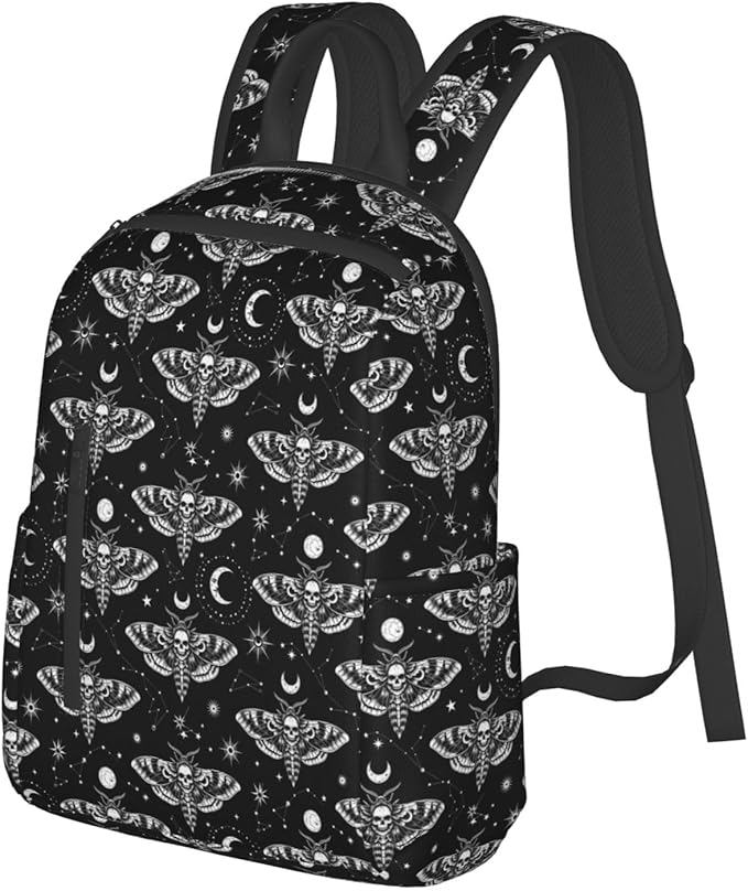 Unisex Backpack Casual Rucksack Big Capacity gothic moth skull sun moon black and white Bookbag with Padded Straps Anti Theft Rucksack for Travel Hiking Camping
