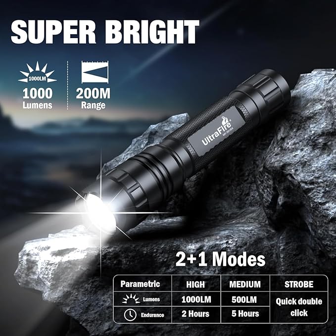 ULTRAFIRE Tactical Flashlight with Holster for Duty Belt 1000 High Lumen Police Flashlight with Belt Holster Rechargeable Law Enforcement Flashlight 3 Modes Security Flashlights WF-501BX