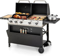 MFSTUDIO 5 Burner Gas Grill Griddle Combo with Porcelain-Enameled Cast Iron GratesCutting Board and Double Lids Duel-Function Propane BBQ Grills with Flat Top Grddle for Outdoor Barbecue Cooking