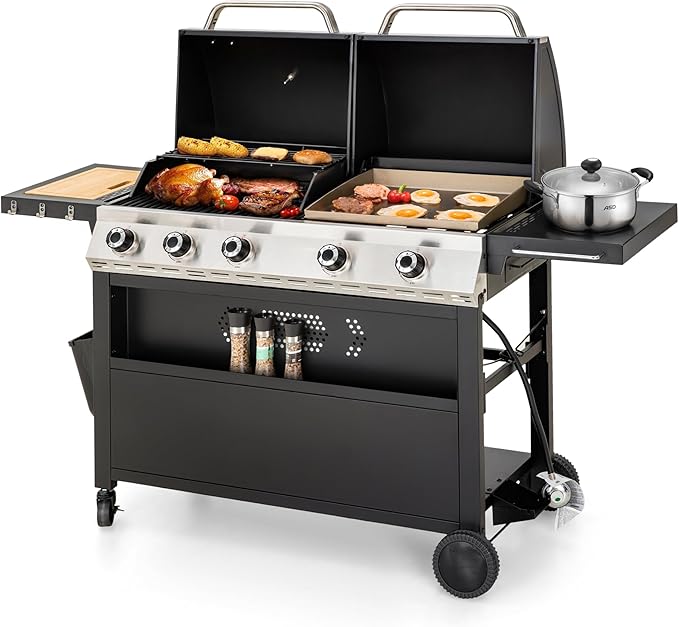 MFSTUDIO 5 Burner Gas Grill Griddle Combo with Porcelain-Enameled Cast Iron GratesCutting Board and Double Lids Duel-Function Propane BBQ Grills with Flat Top Grddle for Outdoor Barbecue Cooking