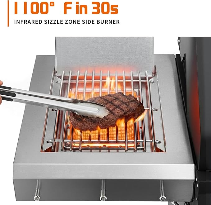 SKOK 4 Burner Propane Gas Grill with Infrared Side and Rear Burners Outdoor BBQ Grill with Cast Iron Grates Barbecue Grill with Wheels 60000BTU Output