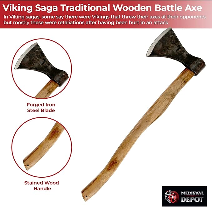 MedievalDepot Viking Battle Axe - Hand Forged Steel Head Wooden Handle Traditional Design