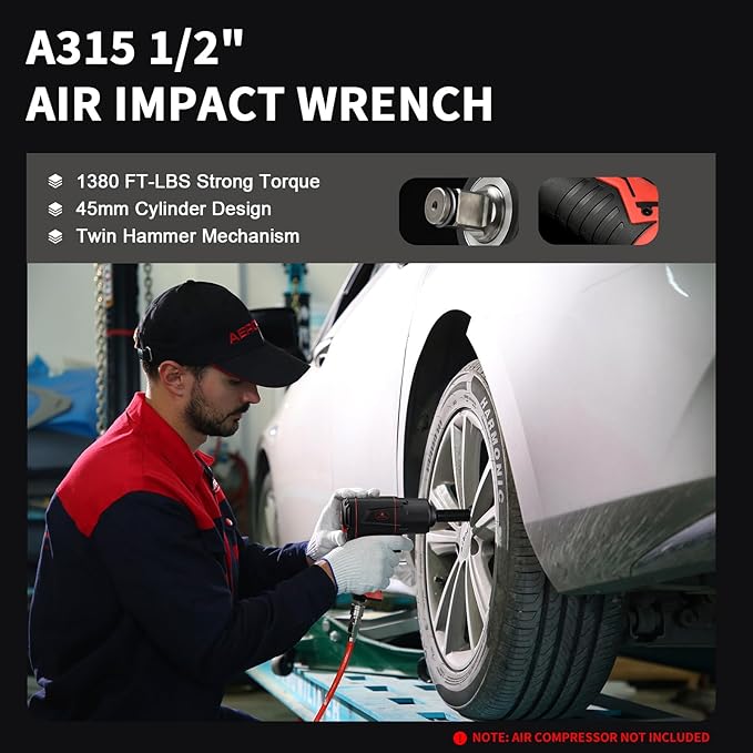 AEROPRO TOOLS 1/2-Inch Composite Air Impact Wrench(A315) Twin Hammer 1380FT-LBS Max Loosening Torque 8000RPM Pneumatic Impact Gun for Auto Repair Tire Shop (Lightweight Housing)