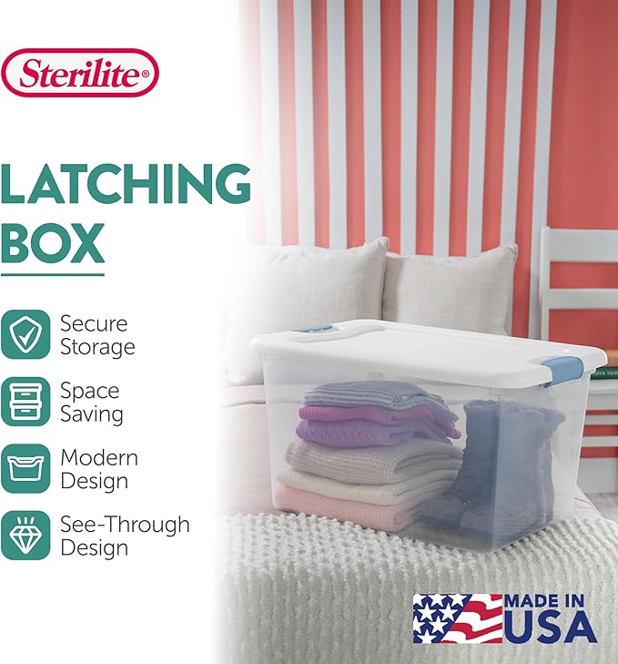Sterilite 12 Pack Latching Box Under Bed Storage Bins with Lids Clear Plastic 64 Quart - Heavy-Duty Organizing Containers for Closet Bathroom and Office