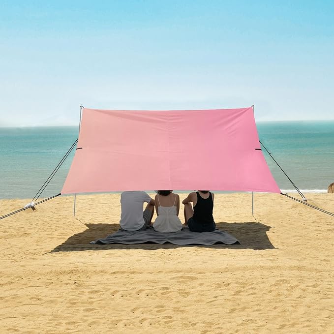 Pink Gradient Foldable Beach Cabana UPF50+ Protection Water-Resistant Large Sun Shelter Includes Sand Shovel Sandbags Stability Poles for Camping Picnics Backyard