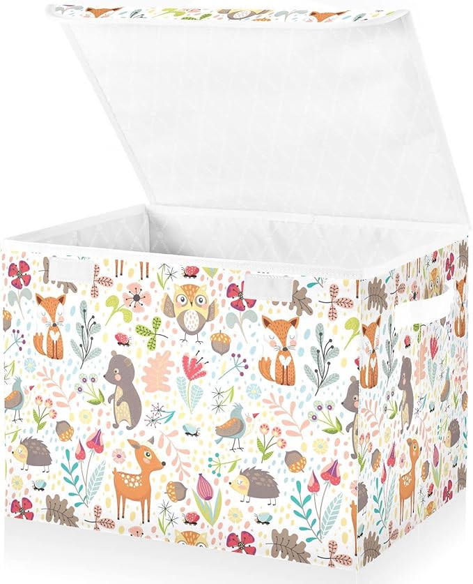 senya Large Storage Bins with Linen Collapsible Foldable Storage Cubes Fabric Closet Organizer Containers Box with Flip-Top Lid for Home Bedroom Office 16.5 x 12.6 x 11.8in Woodland Forest Animals