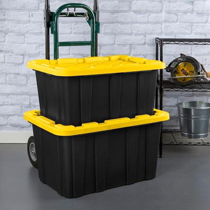 Sterilite 8-Pack 27 Gallon Industrial Storage Tote Heavy-Duty Plastic Bins Black/Yellow - Stackable Utility Organizers with Lids for Garage Camping Tools and Outdoor Gear