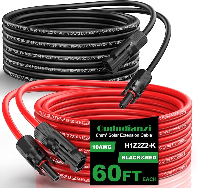 Oududianzi Solar Extension Cable 60Ft 10AWG Solar Cable 10 Gauge Tinned Copper PV Wire Solar Panel Wires and connectors for Home Roofs RV Camping Boats Solar Panels Set of 2