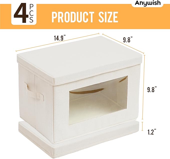 4-Pack Storage Bins with Lids Fabric Foldable Storage Bins with Soft Cord Handles Cube Closet Storage Baskets with Lids Organizers for Organizing Clothes and Books Beige