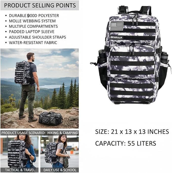 Military Tactical Backpack 55L for Men &amp Women Bug Out Bag Assault pack Molle Daypack Hiking Trekking Rucksack (Black and white tie dye)