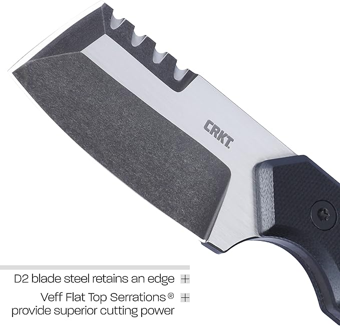 CRKT Razel Compact Fixed Blade Knife with Sheath: D2 Steel Blade with Veff Flat Top Serrations G10 Handle 4036