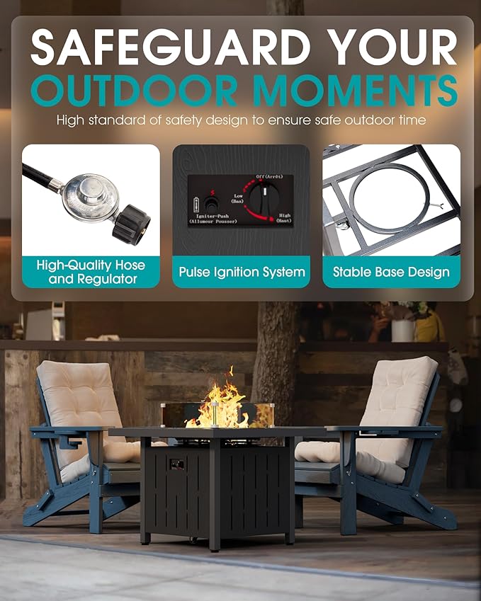 SERWALL 33 Outdoor Fire Pit Table 50000 BTU Square Propane Fire Pit Table with Lid Glass Rock &amp Glass Wind Guard HDPE Outdoor Furniture for Patio Garden Backyard Black