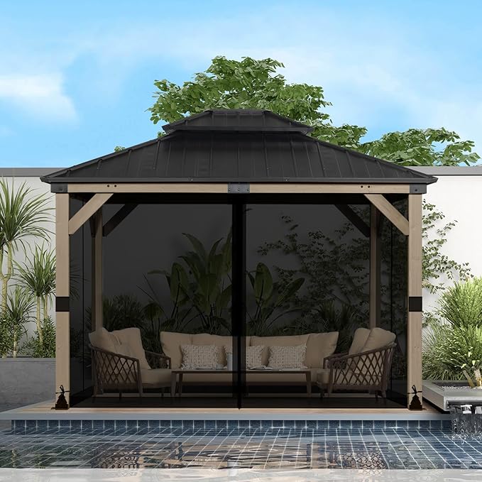 BPS 10' x 12' Gazebo Universal Mosquito Netting Screen Replacement 4-Panel Mesh Screen Walls with Double Zippers for Outdoor Patio Khaki (Mosquito Net Only)