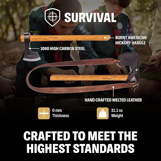 Condor Tool &amp Knife Bushcraft Tomahawk | Solid Hatchet Axe with Handcrafted Welted Leather Sheath | 1060 High Carbon Steel Throwing Axe with a Burnt American Hickory Handle | 6.2in Blade | 31.1oz