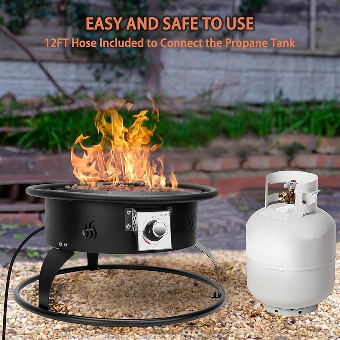 ONLYFIRE OUTDOOR LIVING Propane Gas Fire Pit 22¡± Portable Smokeless Fireplace with 12Ft Hose &amp Lava Rocks FirePit for Patio Backyard Bonfire Camping RV Tailgating Beach Party 55000BTU #FP001