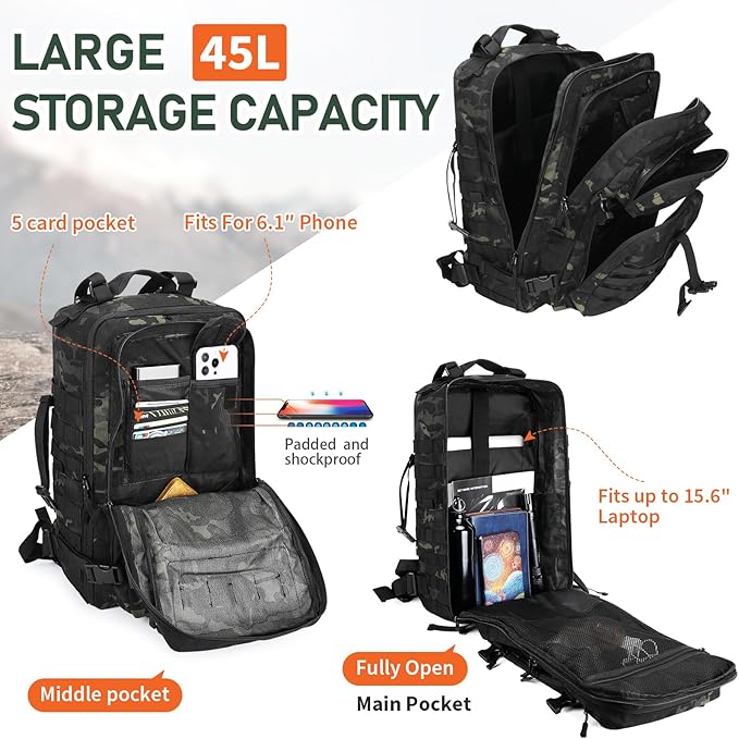 HUNTVP 1000D Tactical Backpack 45L Military MOLLE Backpack Assault Pack Army Camping Hiking Rucksack Outdoor Backpack (Black CP)