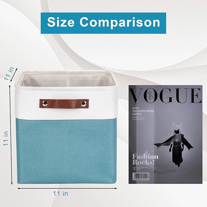 Collapsible Fabric Storage Cubes 11x11 Cube Storage Bins 4 Pack Closet Baskets Box with Handles for Organizing Shelf Toys Clothes Home Office Nursery (Teal&ampWhite)