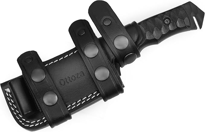 Ottoza Tanto Tactical Knife with Fixed Blade and Horizontal Carry Leather Sheath - Compact Military EDC Knife - Black Micarta Handle 377