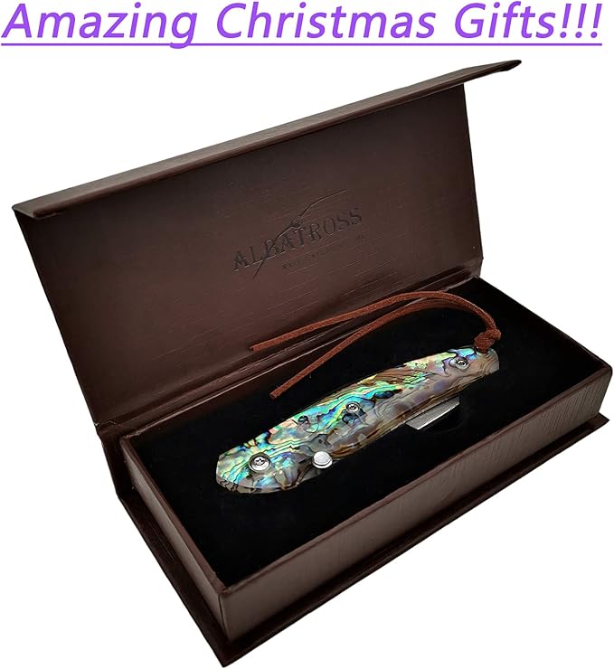 Father's Day Mother's Day &amp Birthday Gift for Him Her - ALBATROSS Folding Pocket Knife - 6.5 Damascus Steel Blade with Abalone Seashell Handle Handcrafted 71-Layer Modern Knife with Liner Lock