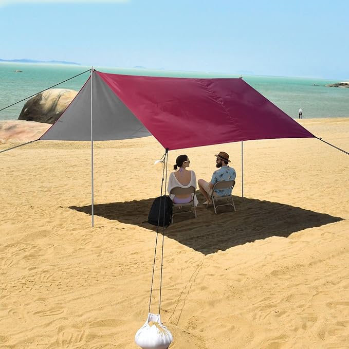 Red Purple Gradient Beach Tent &amp Canopy UPF50+ Protection Water-Resistant Large Sun Shelter with Sandbags Sand Shovel Poles for Camping Fishing Backyard Fun