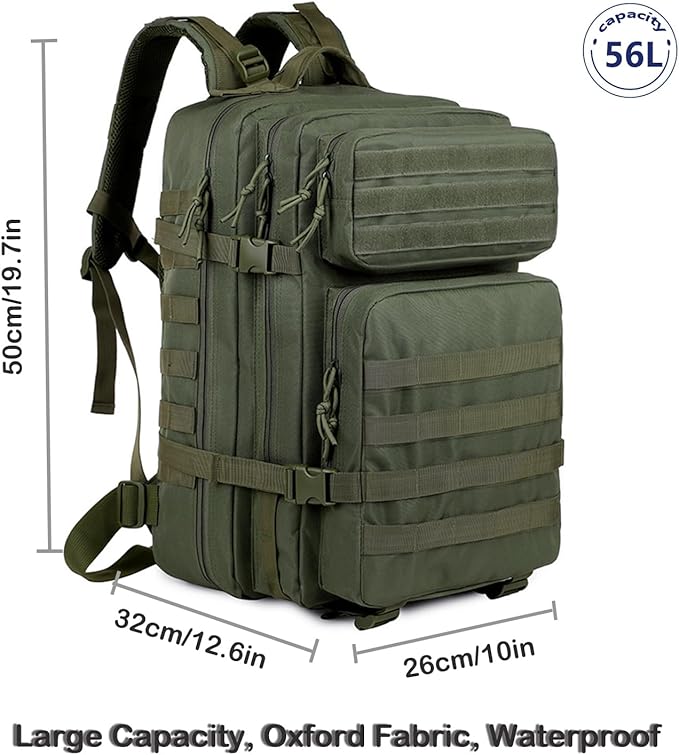 56L Tactical Backpack Military Molle Backpack Army 3 Day Waterproof Durable Hiking Rucksack for Men 24H Outdoor Survival Bug Out Bag for Camping Travel Hunting Army Green