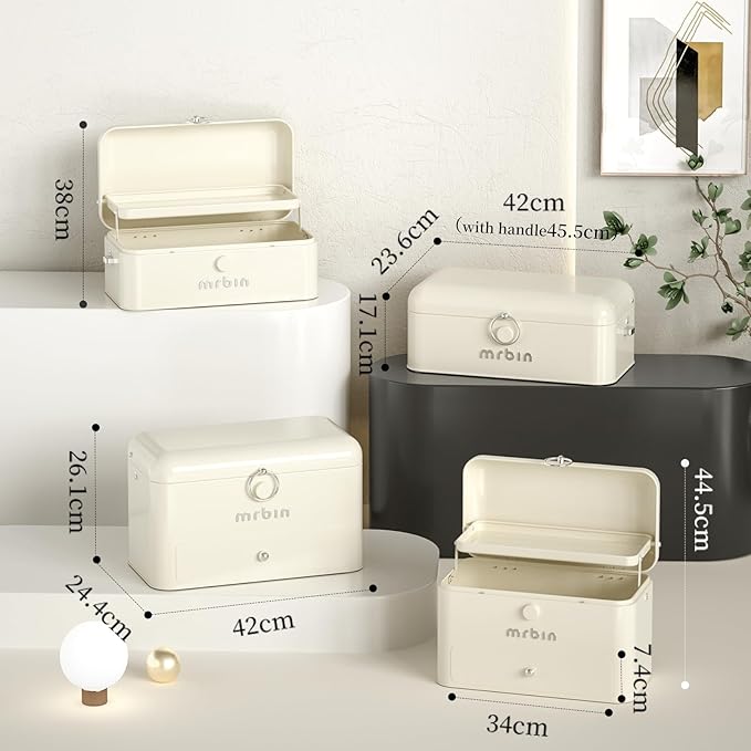 MRBIN Metal 2-Tier Medicine Container Folding Waterproof Safe Boxes and Supply Storage Organizer Empty First Aid Kit for Home Portable Emergency Kit Cream White