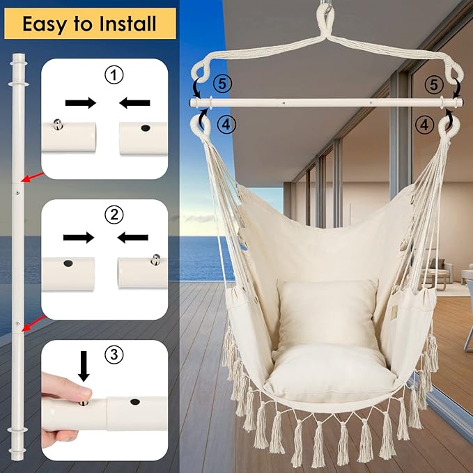 Y- STOP Hammock Chair Hanging Rope Swing Max 500 Lbs 2 Cushions Included Large Macrame Hanging Chair with Pocket for Superior Comfort with Hardware Kit (Beige)