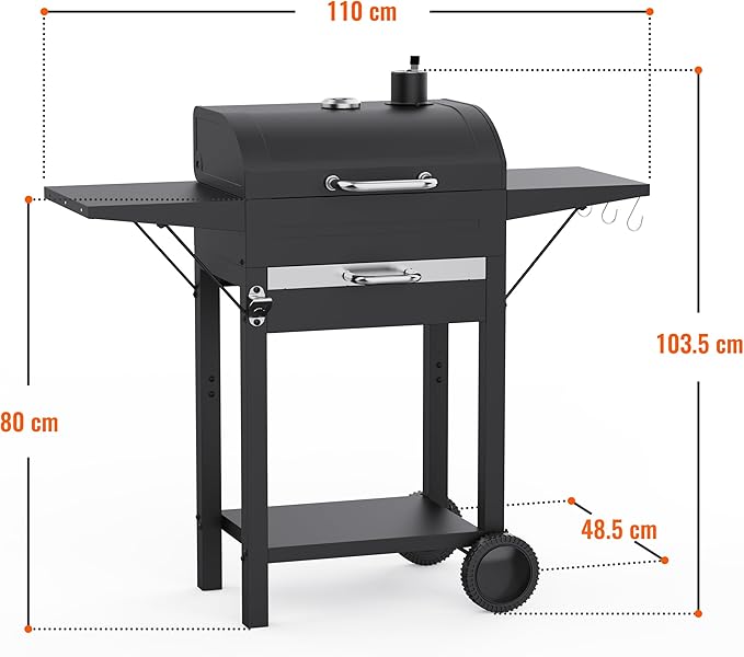 Charcoal Grills with Side Tables and Bottle Opener 20'' Smoker Barbecue BBQ Grill with 2 Wheels for Backyard Patio Camping and Parties Black