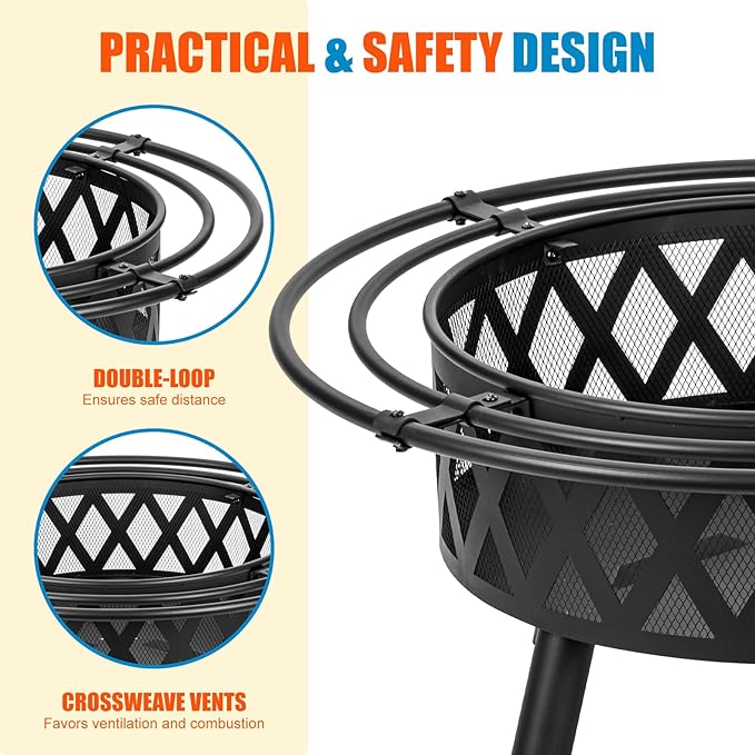 EcoNook 36 Inch Wood Burning Fire Pit with 2 Loops Outdoor Fire Pit with Spark Screen &amp Fire Poker Cross Weave Firepit for Outside Fireplace Bonfire for YardPatio Garden