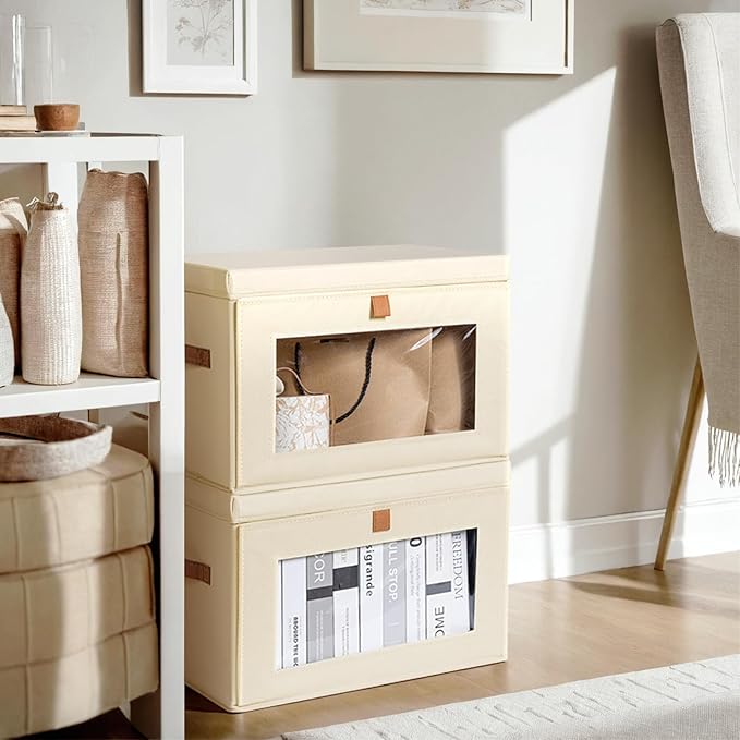 Homsorout Clothes Storage Bins with Window &amp Flap Closet Organizer with Handles Decorative Basket for Home Dorm Beige
