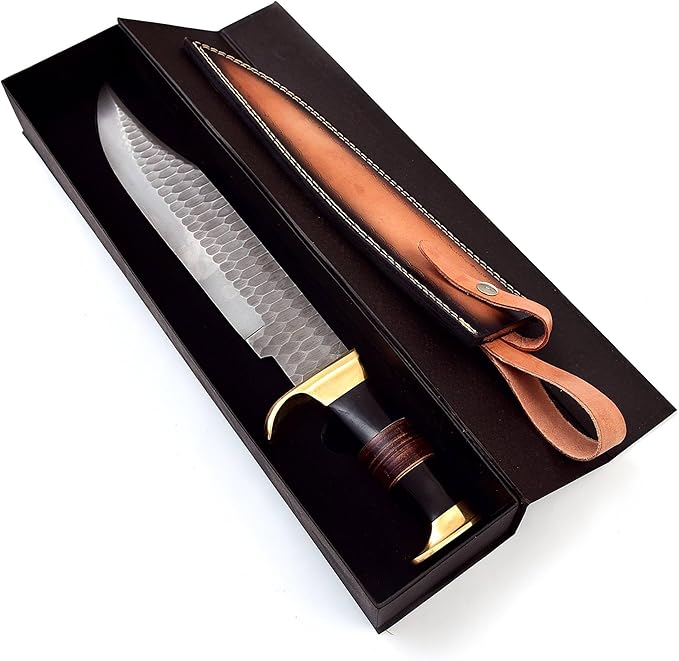15.5 Long hand forged hammered Carbon steel Hunting Bowie Knife Bull horn and Rose wood scale with Brass finger guard &amp Pommel Over 10 sharp clip point blade cutting edge Cow Hide Leather she