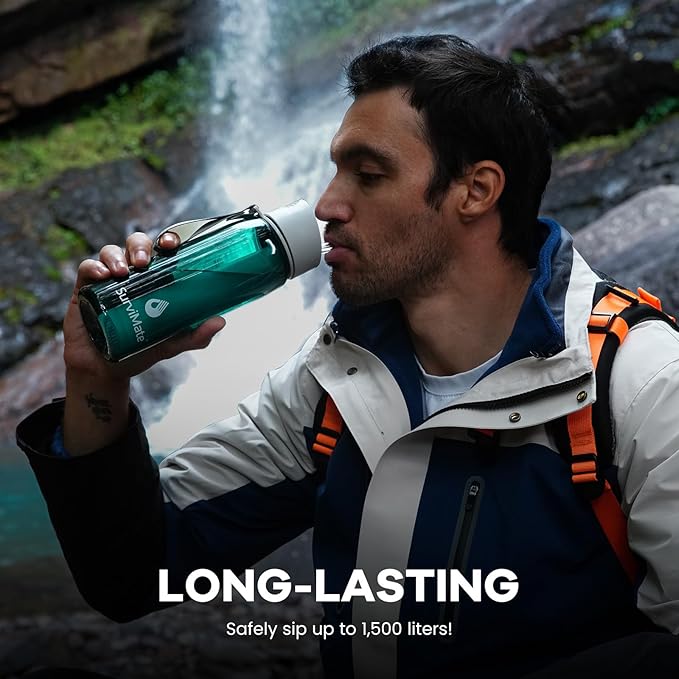 SurviMate Purified Water Bottle for Camping Hiking Backpacking and Travel BPA Free with 5-Stage Intergrated Filter Straw