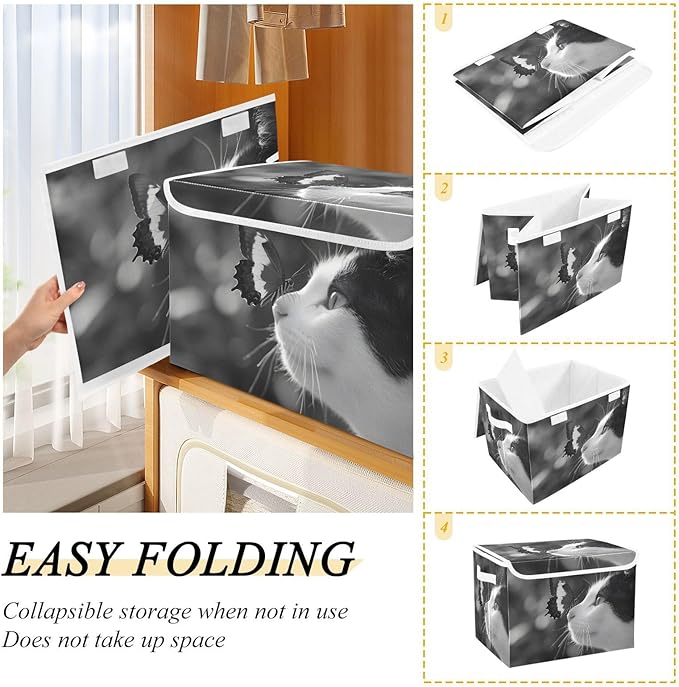 Storage Cube with Lid Cat with Butterfly Print 16.5×12.6×11.8 IN Collapsible Large Capacity Foldable Storage Basket Bin Organizer