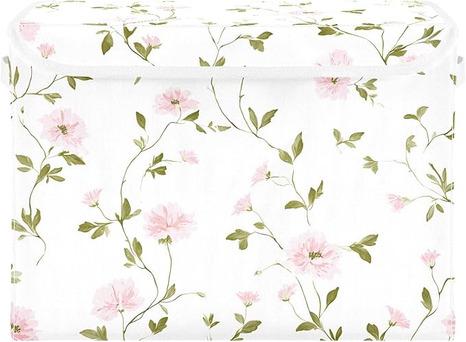 ALAZA Shabby Chic Pink Floral Vine Storage Bins Organizer Box Baskets Lidded Clothes for Shelves Closet Collapsible Stackable Storage Cubes Handles