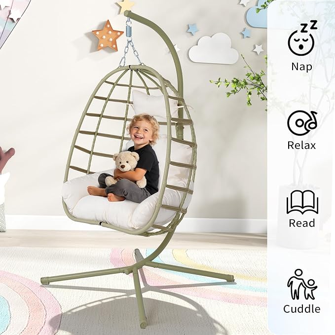Hanging Egg Chair with Stand Outdoor Indoor Patio Rattan Swing Hammock Chairs with Washable Cushion 350lbs Capacity PE Wicker Swing Chair for Backyard Bedroom Garden (Cyan + White Cushion)