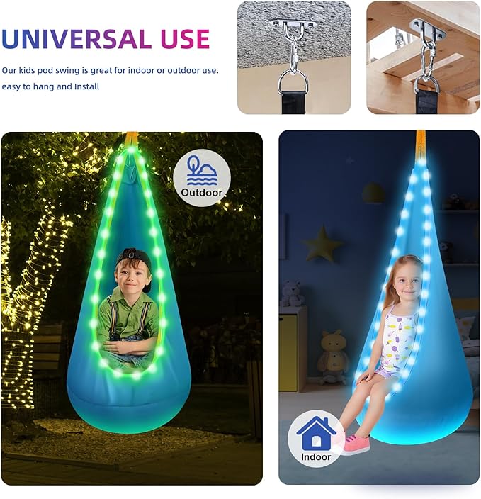 Light Up Swing Chair Hammock Chair Indoor Outdoor for Kids Pod with LED Lights Soft and Safe 176 lb. Load Capacity Easy Installation Perfect for Bedroom Garden and Playroom (Light Blue)