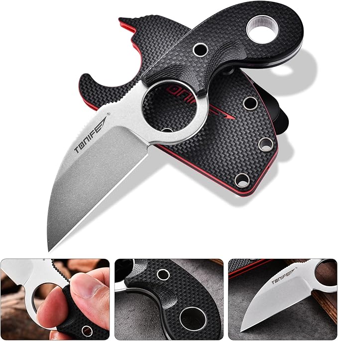 TONIFE Small Fixed Blade Knife Full Tang EDC Camping with Sheath Lanyard and Clip Blade Length 2.172.5 oz.with Sheath (Black - Stonewash)