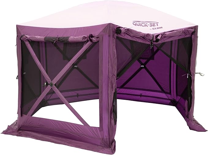 Clam Pavilion 12.5' Pop-Up Screen Tent – Plum Outdoor Camping Gazebo Canopy with Wind Panels Mesh Netting &amp Carry Bag – 6-Sided Portable Shelter for 8 People – Fast Setup Patio or Event Tent