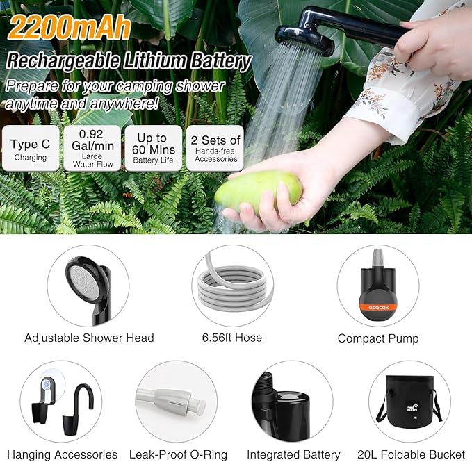 Portable Shower Camping Shower Outdoor Camp Shower Pump with 5 Gallons Collapsible Bucket Rechargeable Shower Battery Powered Handheld Shower Head kit for Camping Beach Washing Pet Cleaning