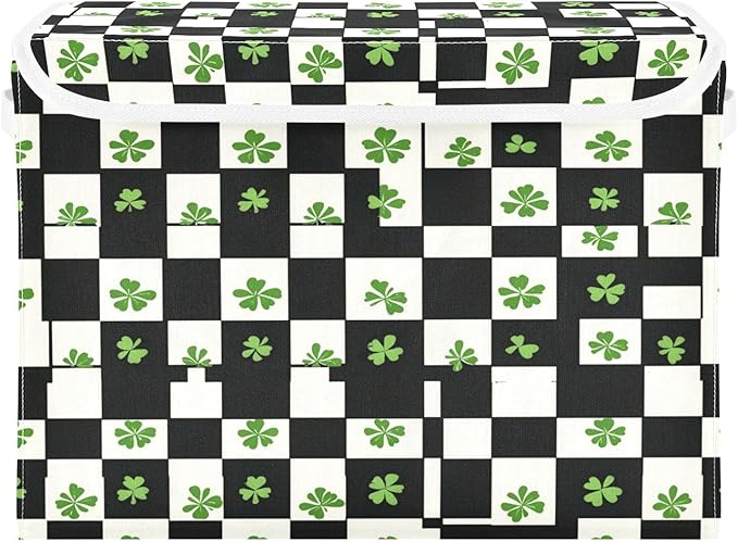 Clover Checkered Pattern Fabric Storage Bins with Lids and HandleFoldable Storage Bins with LidsCloset Organizers for Clothes Storage Room Organization Office Storage Chest Organizer