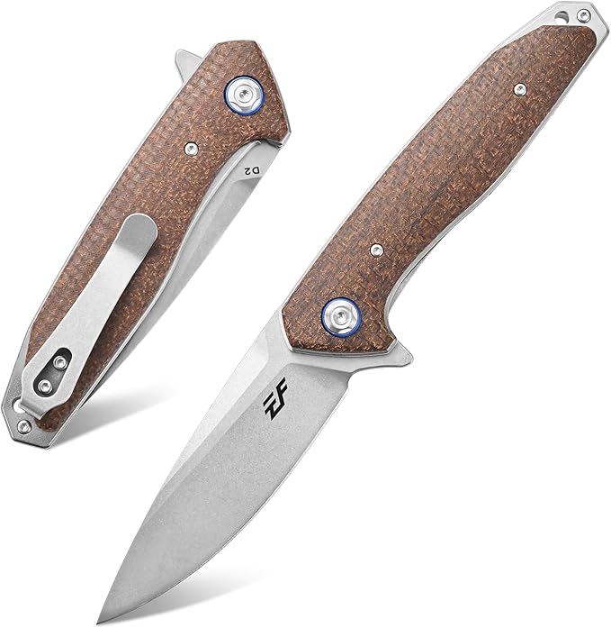 Eafengrow EF972 Folding Knife D2 Steel Blade Micarta Handle Pocket Knife Folder for Outdoor Camping Hiking Working EDC Tool Knife(Brown)
