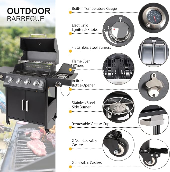 Propane Gas Grill 4 Burners with Side Burner Freestanding Grill Cart with Wheels for Outdoor Garden Cooking Barbecue Grill Black
