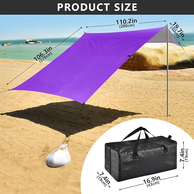 Blue Violet Purple Foldable Beach Tent UPF50 Water-Resistant Large Portable Sun Shelter with Sandbags and Shovel for Camping Picnics Backyard &amp Fishing