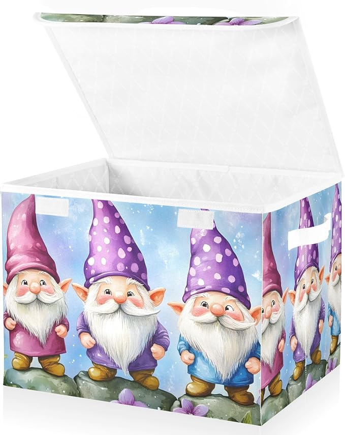 Cartoon Gnomes Storage Cube Bins Basket with Lid Collapsible Flip-top Fabric with Handle for Home Bedroom Closet Office 16.5×12.6×11.8 in