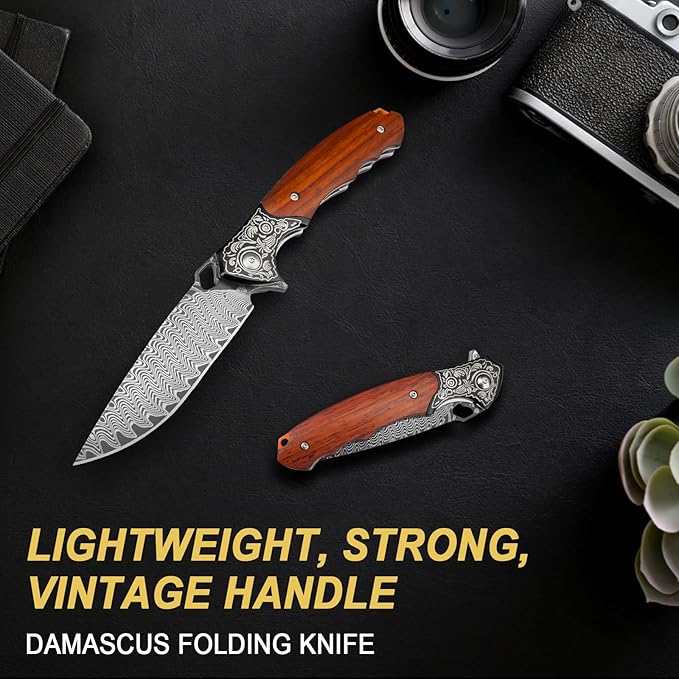 Zingbee Damascus Folding Knife 3.39 VG10 Core Damascus Steel Blade Pocket Knife for EDC Wood Handle Pocket Knives for Camping Survival Hunting