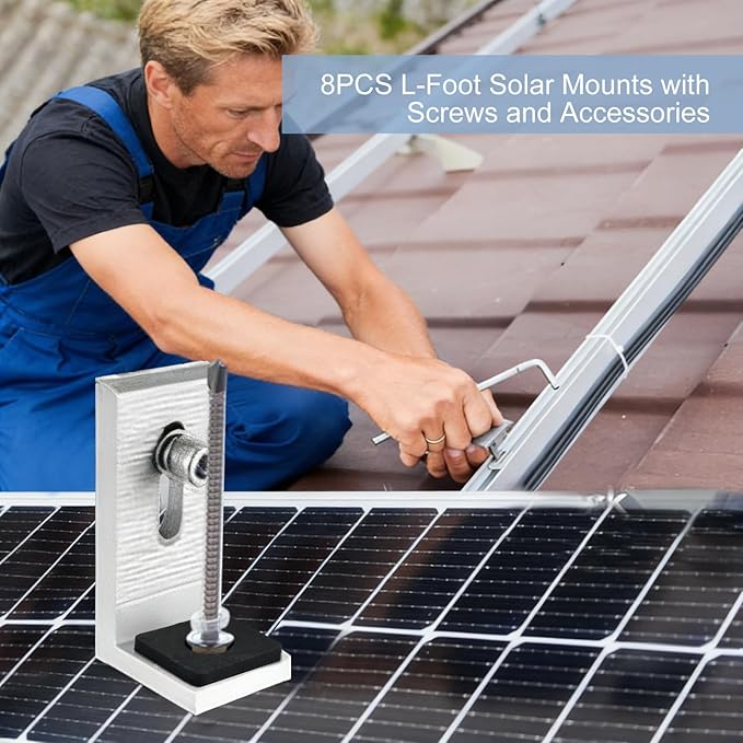 8PCS L-Foot Solar Mounts with Screws and Accessories Heavy-Duty Aluminum Alloy Photovoltaic Panel Mounting Bracket Photovoltaic Mount Waterproof Solar Panel Bracket for Roof PV System