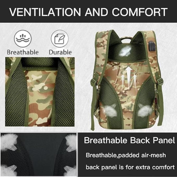 outdoor plus Camo BackpackMilitary Boys Backpacks for School40L Army Bookbag with USB Charging Port Waterproof