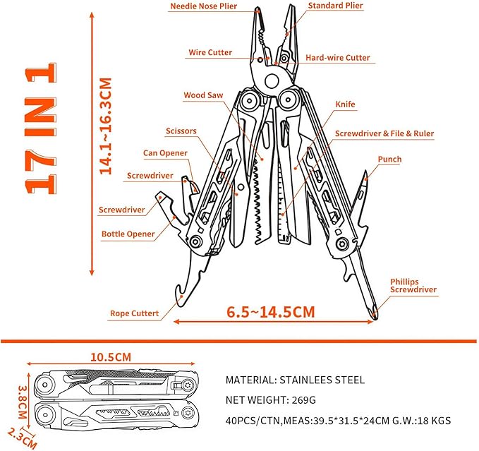 Multitool 17-in-1 Full-Size Lightweight EDC Multi-Purpose Pliers Nylon Bag Camping Knives &amp Tools Tactical Outdoor Gear Mens Gifts Ideas Gifts for Hunters Men who have Everything (Dark Bla
