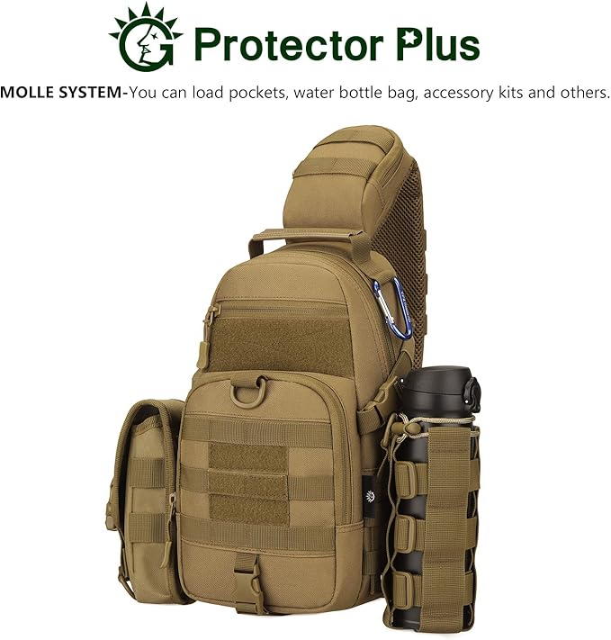 Protector Plus Tactical Sling Bag Military MOLLE Crossbody Packs Chest Shoulder Backpack (Patch Included)